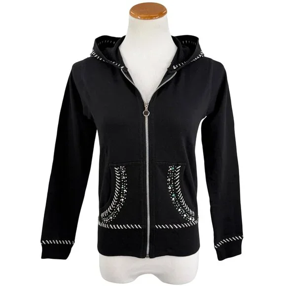 Vtg 90s Black Embroidered Sequin Beaded Zip Up Hoodie | Y2K Skater Grunge Retro - Picture 15 of 16